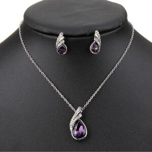 Teardrop Purple Crystal Necklace & Earrings Jewelry Set NEW